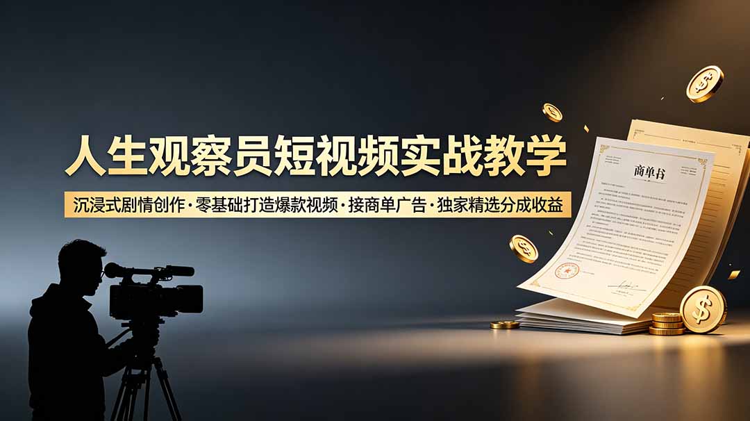 人生观察员短视频实战教学，沉浸式剧情创作，零基础打造爆款视频，接商单广告，独家精选分成收益-谷进海小站