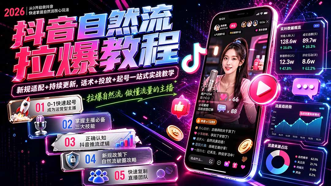 抖音自然流拉爆教程-更新8月：做懂流量的主播，新规适配+持续更新，话术+投放+起号一站式实战教学-谷进海小站