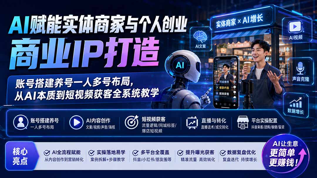 AI赋能实体商家与个人创业商业IP打造；账号搭建养号一人多号布局，从AI本质到短视频获客全系统教学-谷进海小站