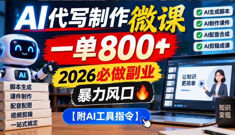 AI代写制作微课，一单800+，2026必做副业，暴力风口【附AI工具指令】【揭秘】-谷进海小站