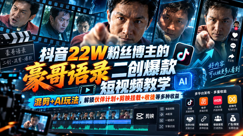 抖音22W粉丝博主的豪哥语录二创爆款短视频教学，混剪+AI玩法，解锁伙伴计划+剪映挂载+收徒等多种收益-谷进海小站