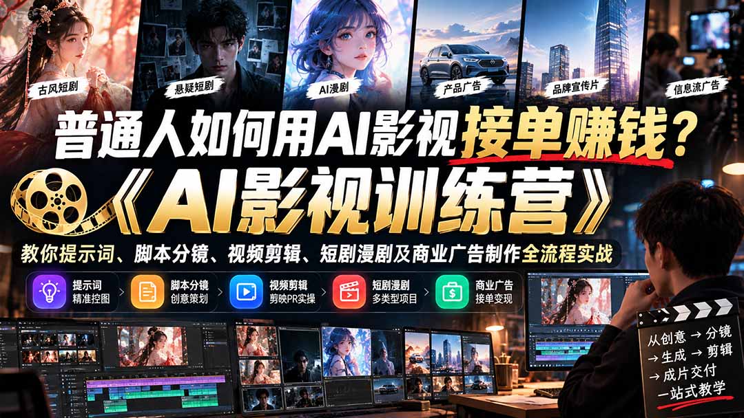 普通人如何用AI影视接单赚钱？《AI影视训练营》教你提示词、脚本分镜、视频剪辑、短剧漫剧及商业广告制作全流程实战-谷进海小站
