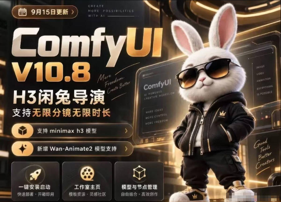 ComfyUI V10.8中文整合包，H3闲兔导演，支持无限分镜无限时长，1000+工作流，动作迁移，角色替换，视频一致性，口型同步，低显存可用-谷进海小站
