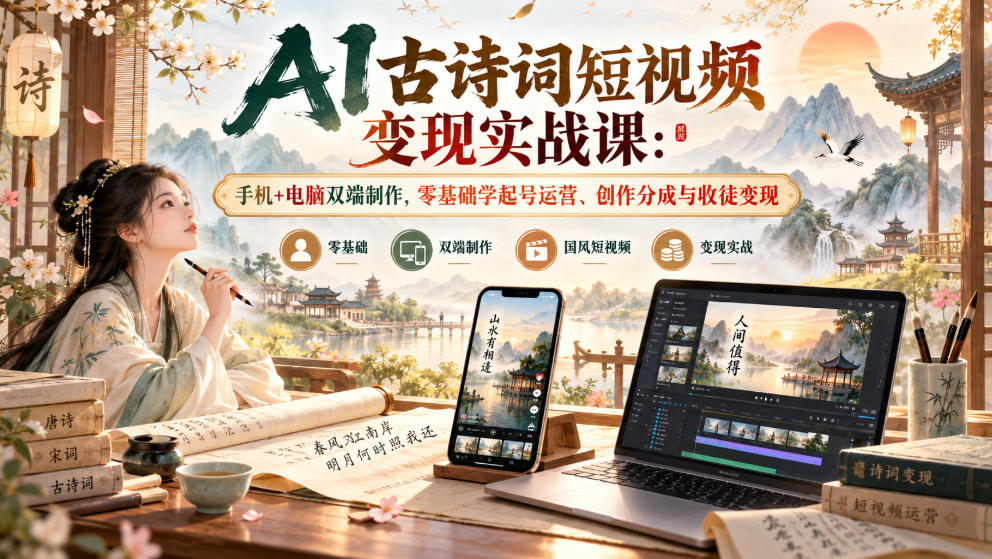 AI古诗词短视频变现实战课：手机+电脑双端制作，零基础学起号运营、创作分成与收徒变现-谷进海小站