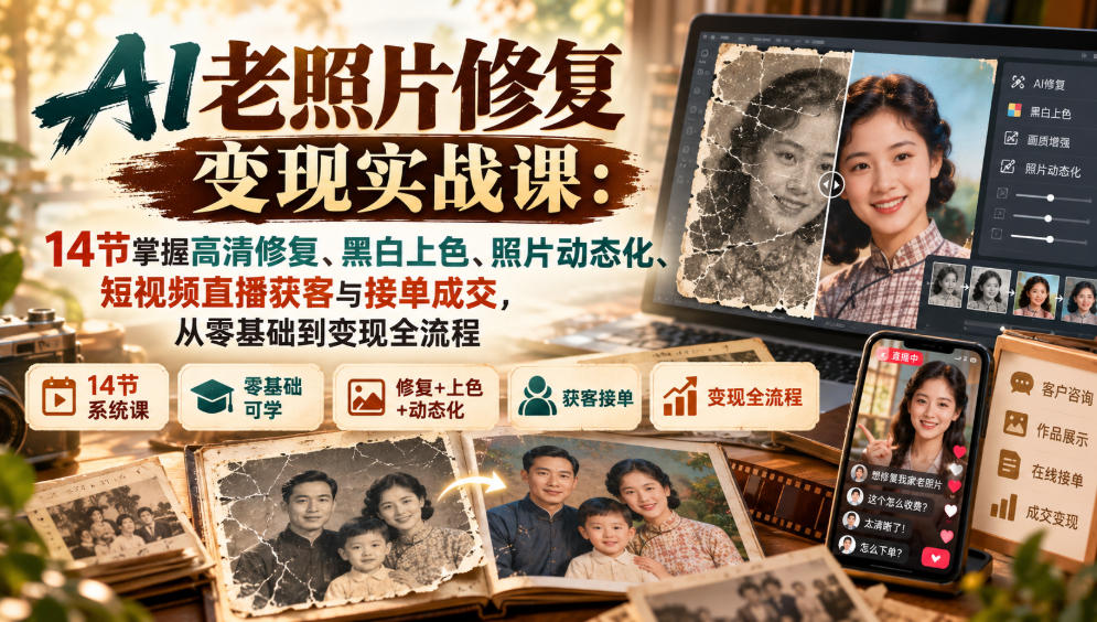 AI老照片修复变现实战课：14节掌握高清修复、黑白上色、照片动态化、短视频直播获客与接单成交，从零基础到变现全流程-谷进海小站