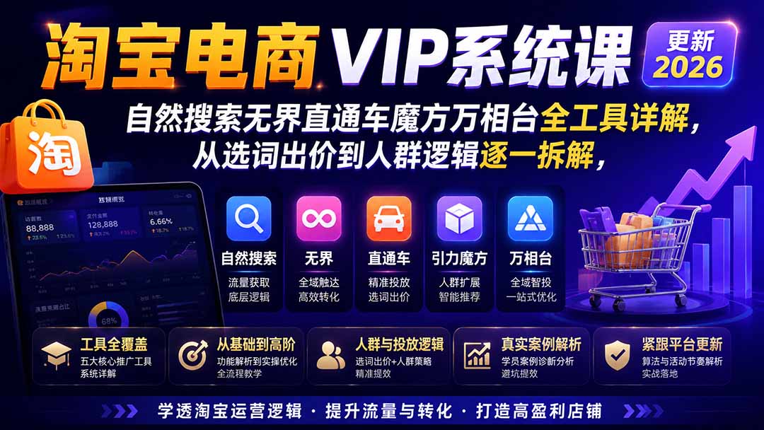 2026淘宝电商终局之战VIP课-更新1029：自然搜索+直通车+无界+精准人群，系统掌握测款动销与全店推广布局方法-谷进海小站